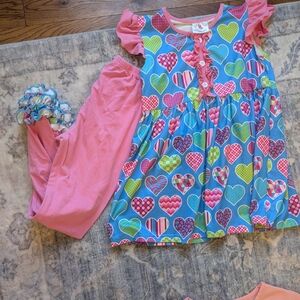 Colorful Heart Pattern Dress with Pink Leggings
